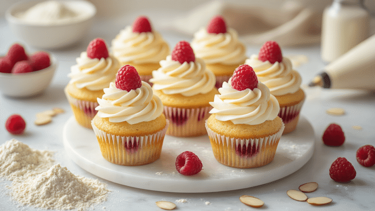 Almond Raspberry Cupcakes: A Decadent Bakery-Style Dessert Cinematic overhead shot of elegant almond raspberry cupcakes with golden-brown bases, fluffy buttercream swirls, and vibrant raspberry preserves, garnished with sliced almonds and fresh raspberries on a white marble surface, with scattered cake flour and a vintage pastry bag, evoking a warm bakery atmosphere.