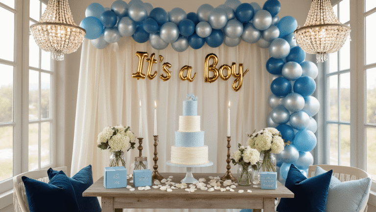 Celebrating New Life: The Ultimate Guide to "It's a Boy" Balloon Decor Overhead shot of an elegant baby boy celebration setup with baby blue and silver metallic balloons, an ivory silk backdrop, a rustic dessert table with a three-tiered vanilla cake, rose petals, and Mylar "It's a Boy" balloons, all illuminated by warm golden light from crystal chandeliers.