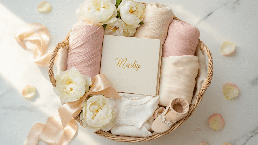 Unforgettable Baby Shower Gift Ideas: The Ultimate Guide to Delighting New Parents Cinematic overhead view of an elegant baby shower gift basket on a white marble surface, featuring pastel swaddle blankets, a personalized memory book, baby booties, organic cotton onesies, wooden teething toys, and fresh peonies, illuminated by warm golden hour light and accented with rose petals.