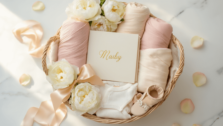 Unforgettable Baby Shower Gift Ideas: The Ultimate Guide to Delighting New Parents Cinematic overhead view of an elegant baby shower gift basket on a white marble surface, featuring pastel swaddle blankets, a personalized memory book, baby booties, organic cotton onesies, wooden teething toys, and fresh peonies, illuminated by warm golden hour light and accented with rose petals.