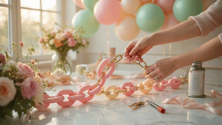 Link Balloons: The Ultimate Guide to Creating Stunning Event Decor Cinematic close-up of colorful linked balloons in blush pink, cream, and sage green with metallic accents, as hands connect them into elegant chains on a white marble surface, with an electric pump, tie tools, and fresh florals scattered around, all under warm golden hour lighting.