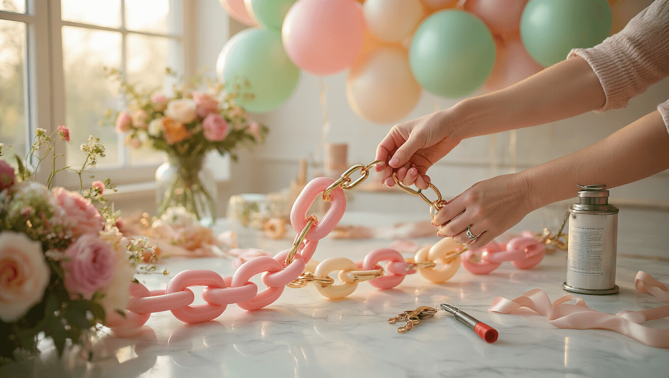 Cinematic close-up of colorful linked balloons in blush pink, cream, and sage green with metallic accents, as hands connect them into elegant chains on a white marble surface, with an electric pump, tie tools, and fresh florals scattered around, all under warm golden hour lighting.