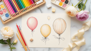 How to Draw Balloons: A Beginner's Guide to Creating Magical Floating Shapes Cinematic overhead view of an elegant art workshop on a polished white marble countertop, featuring premium colored pencils arranged in rainbow formation, various sketching tools, and hand-drawn balloon sketches on textured ivory paper, accented by silk ribbons and fresh pastel flowers, with warm golden hour lighting enhancing the luxurious atmosphere.