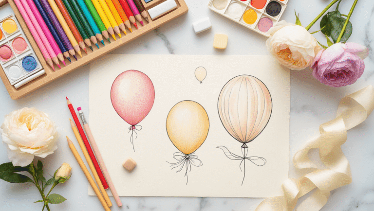How to Draw Balloons: A Beginner's Guide to Creating Magical Floating Shapes Cinematic overhead view of an elegant art workshop on a polished white marble countertop, featuring premium colored pencils arranged in rainbow formation, various sketching tools, and hand-drawn balloon sketches on textured ivory paper, accented by silk ribbons and fresh pastel flowers, with warm golden hour lighting enhancing the luxurious atmosphere.