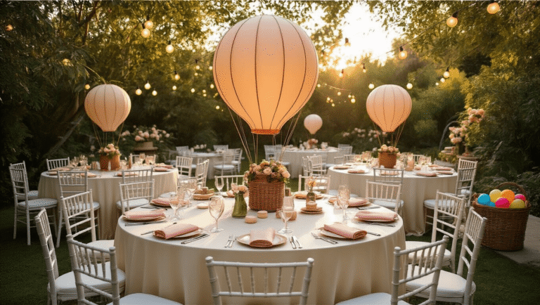 Balloons Photography: Capturing Magical Moments from Sky to Splash Elegant outdoor garden photography workshop setup with round tables, ivory silk linens, blush napkins, white chiavari chairs, and miniature hot air balloon centerpieces, bathed in golden hour sunlight with string lights, featuring marble cake stands of balloon-shaped macarons, scattered camera equipment, and colorful water balloons in wicker baskets, all in a warm and inviting atmosphere.