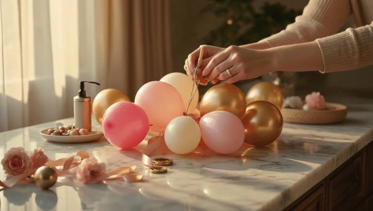 How to Tie Balloons Together: A Complete Guide for Perfect Party Decorations Close-up of hands tying colorful balloon clusters on a marble countertop, illuminated by warm golden hour light, with blush pink, cream, and gold balloons, tying tools, and silk ribbon in focus.