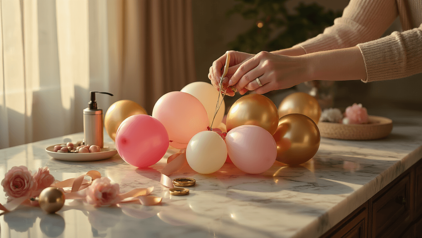 Close-up of hands tying colorful balloon clusters on a marble countertop, illuminated by warm golden hour light, with blush pink, cream, and gold balloons, tying tools, and silk ribbon in focus.