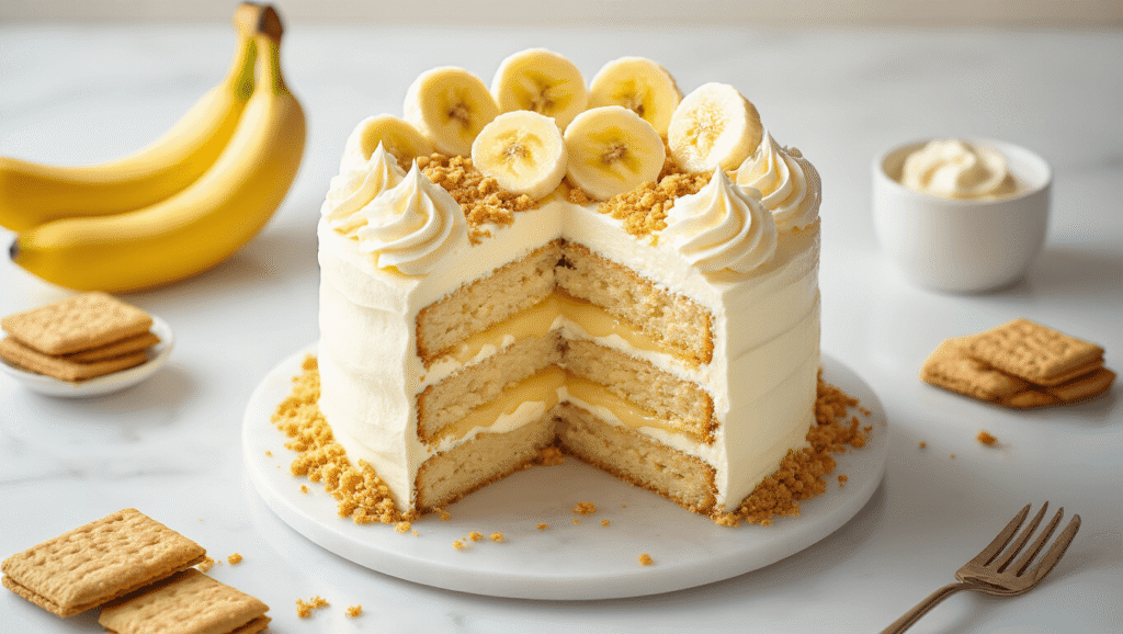 Banana Pudding Birthday Cake: The Ultimate Southern Celebration Dessert Cinematic overhead view of a banana pudding birthday cake with golden layers, silky vanilla pudding, whipped cream frosting, fresh banana slices, and crushed wafer cookies on a white marble surface, highlighted by warm golden hour lighting and a shallow depth of field.
