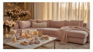 25 Best Friend Birthday Gift Ideas That'll Make Them Laugh, Cry, and Love You More Cozy living room during golden hour featuring a blush pink sectional sofa, marble coffee table with curated best friend gifts, warm ambient lighting, fresh peonies, and soft textures in a warm color palette.