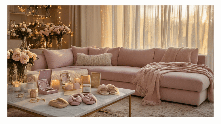 25 Best Friend Birthday Gift Ideas That'll Make Them Laugh, Cry, and Love You More Cozy living room during golden hour featuring a blush pink sectional sofa, marble coffee table with curated best friend gifts, warm ambient lighting, fresh peonies, and soft textures in a warm color palette.