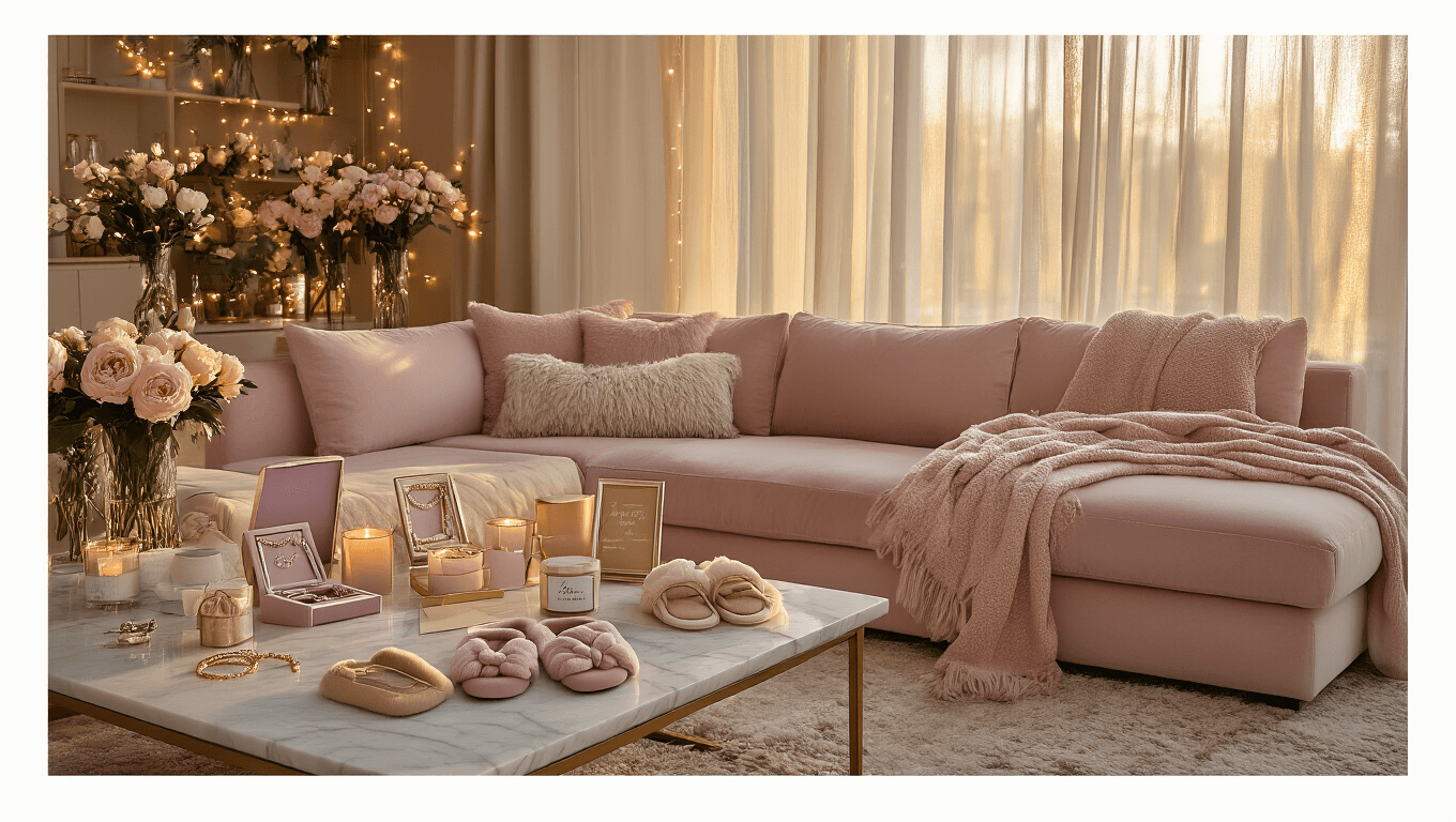Cozy living room during golden hour featuring a blush pink sectional sofa, marble coffee table with curated best friend gifts, warm ambient lighting, fresh peonies, and soft textures in a warm color palette.