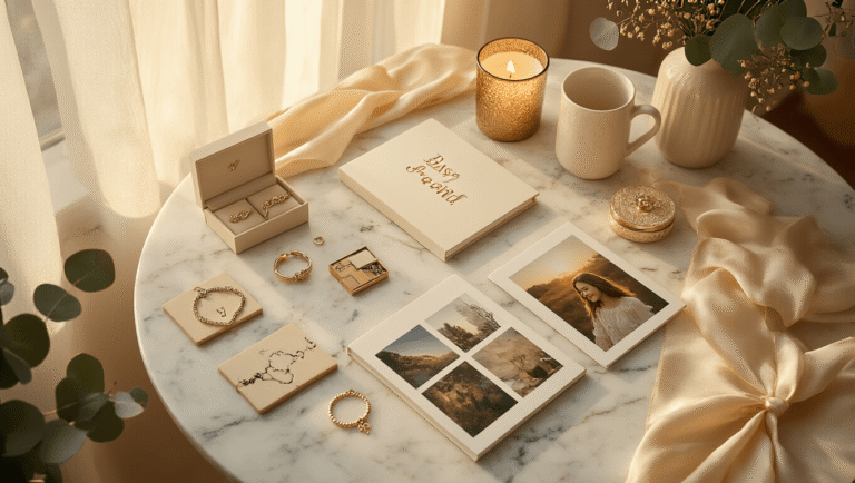 Ultimate Best Friend Gift Guide: Gifts That Scream "I Know You Better Than Anyone!" Cinematic overhead flat lay of a marble dining table adorned with personalized photo books, delicate initial necklaces, friendship charm bracelets, custom photo puzzles, and tech accessories, all arranged on cream silk runners with warm golden hour light illuminating the scene.