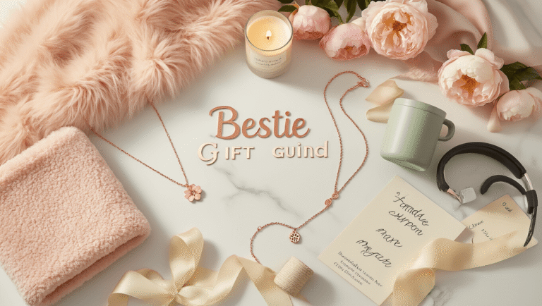 25 Best Friend Gift Ideas That Will Make Them Smile in 2025 Cinematic overhead flat lay of curated best friend gifts on white marble: rose gold initial necklaces, birth flower jewelry, soft blush faux fur throw, flickering vanilla soy candles, portable drink maker, Bluetooth headphones, handmade coupon book, and painted ceramic mugs, surrounded by fresh peonies and cream silk ribbons, in warm golden hour lighting.