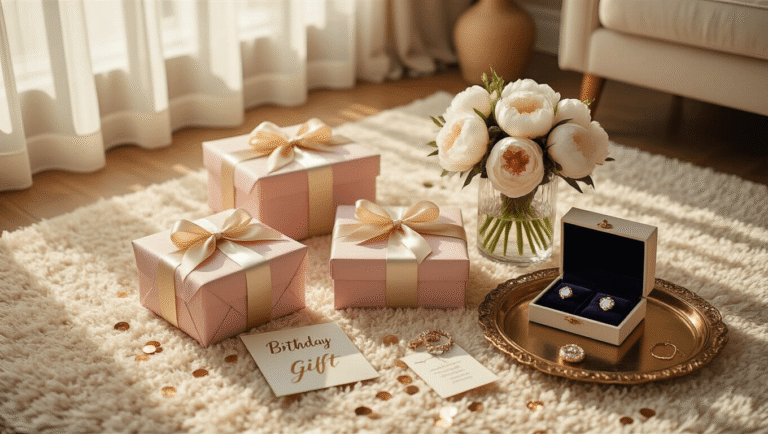 Top Birthday Gift Ideas for 2025: The Ultimate Gifting Guide Cinematic overhead shot of an elegant birthday gift display on a cream rug, featuring beautifully wrapped presents, custom memory books, sparkling jewelry, fresh peonies, and warm golden hour sunlight, with scattered confetti and a vintage brass tray.