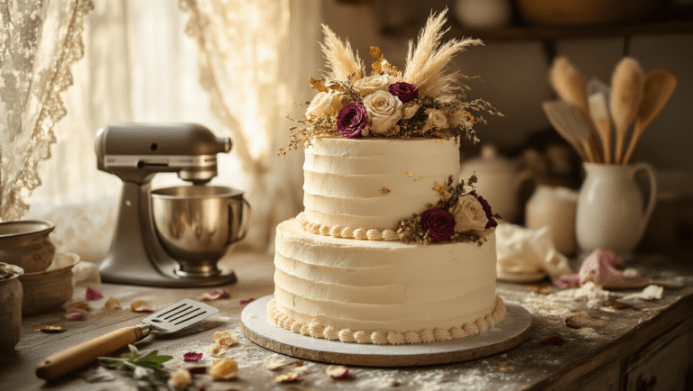 Boho Wedding Cake: A Dreamy Culinary Canvas for Your Perfect Day Elegant two-tier boho wedding cake with textured buttercream, adorned with dried flowers and gold leaf on a rustic wooden counter, illuminated by warm golden hour light, surrounded by baking tools and rose petals in a dreamy, intimate setting.