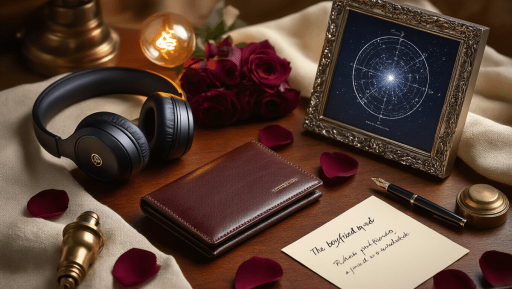 Incredible Birthday Gift Ideas for Your Boyfriend in 2025: The Ultimate Guide Cinematic close-up of a luxurious birthday gift arrangement on mahogany wood, featuring an engraved leather wallet, sleek black headphones, a framed star map, a mini projector, rose petals, and warm ambient lighting.