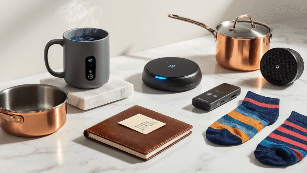 Awesome Boyfriend Gift Guide 2025: Gifts He'll Actually Love Cinematic flat lay of curated boyfriend gifts on a white marble surface, featuring a smart temperature mug, wireless charging dock, vintage leather journal, meat thermometer, quirky socks, portable Bluetooth speaker, and copper cookware, all showcased with warm lighting and rich textures.
