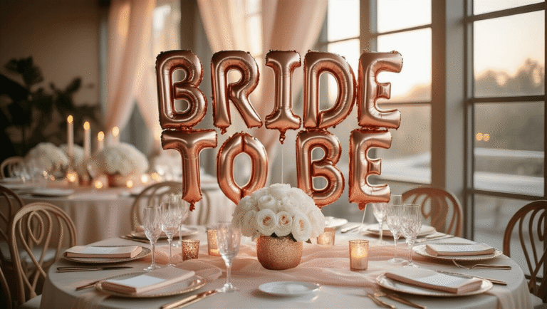 Bride to Be Balloons: The Ultimate Party Decoration Guide Cinematic overhead shot of a luxurious bridal shower setup with rose gold "BRIDE TO BE" balloons, elegant table with blush pink silk linens, crystal glassware, white peony centerpieces, flickering candles, cream place settings with gold rim details, and soft tulle draping, all captured in warm golden hour light with a bokeh background.