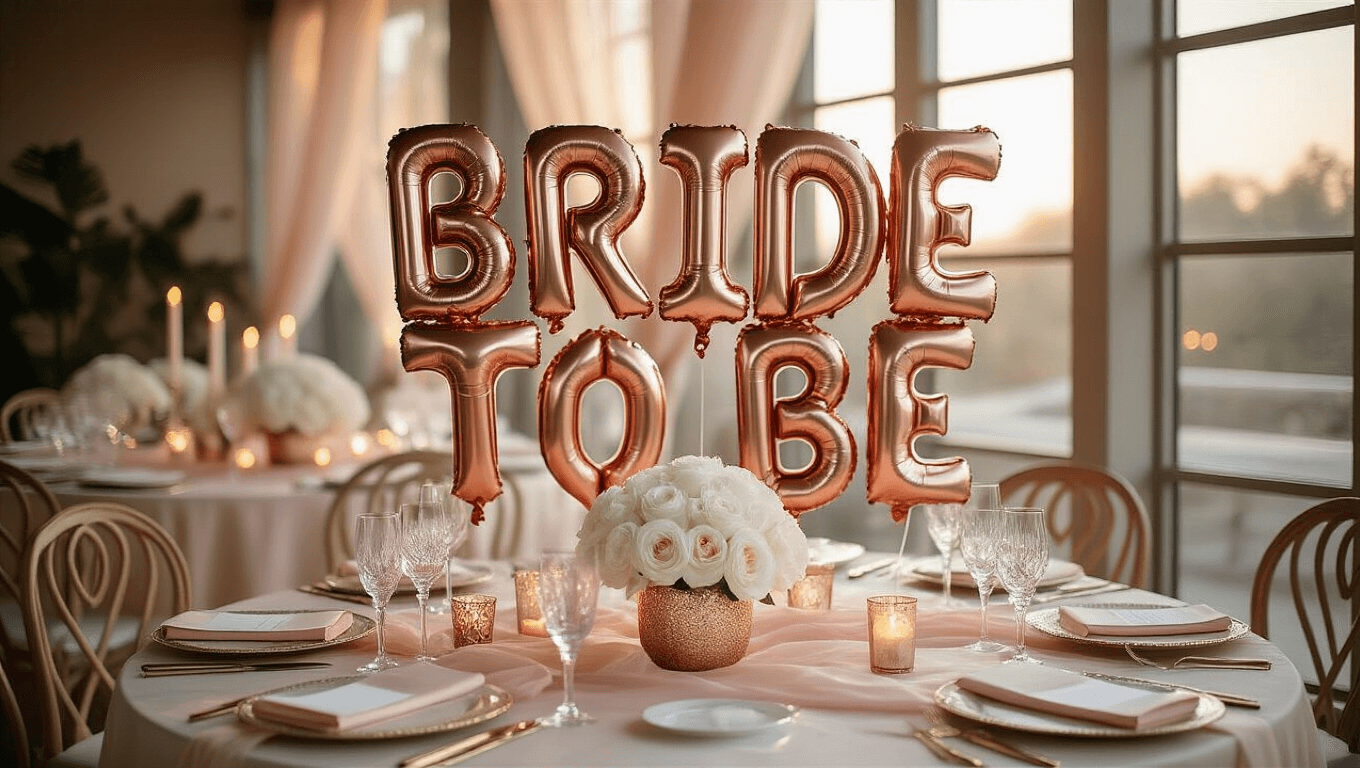 Cinematic overhead shot of a luxurious bridal shower setup with rose gold "BRIDE TO BE" balloons, elegant table with blush pink silk linens, crystal glassware, white peony centerpieces, flickering candles, cream place settings with gold rim details, and soft tulle draping, all captured in warm golden hour light with a bokeh background.