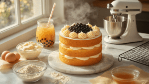 Bubble Tea-Inspired Birthday Cake: The Ultimate Celebration Dessert Cinematic overhead shot of a golden chiffon cake layered with creamy milk tea buttercream, glossy black tapioca pearls in amber brown sugar syrup, and bubble tea straws, set on a marble countertop with warm sunlight casting dramatic shadows and a wire cooling rack in the background.