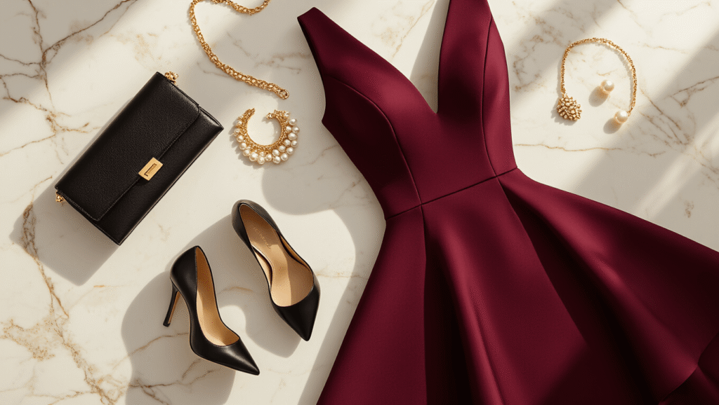 How to Style a Peplum Cocktail Dress Like You Actually Know What You're Doing Elegant burgundy peplum cocktail dress displayed on a marble surface, accompanied by gold jewelry, a black leather clutch, nude block heels, and pearl earrings, showcasing a sophisticated evening wear arrangement with a clean, modern aesthetic.