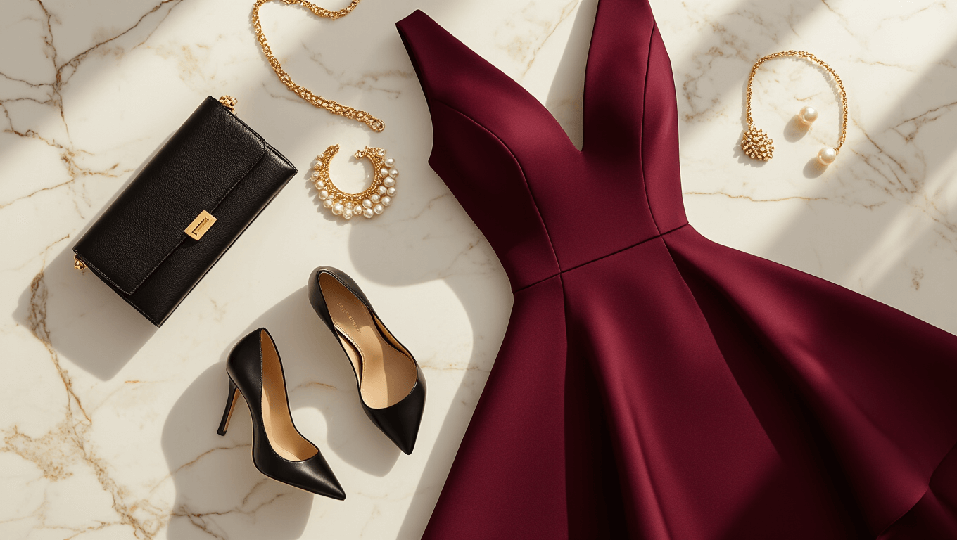 Elegant burgundy peplum cocktail dress displayed on a marble surface, accompanied by gold jewelry, a black leather clutch, nude block heels, and pearl earrings, showcasing a sophisticated evening wear arrangement with a clean, modern aesthetic.