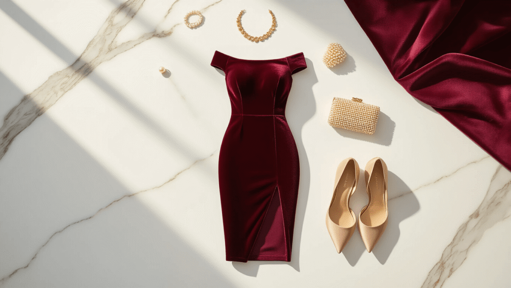 How to Style a Velvet Sheath Dress with Slit for Every Occasion Elegant burgundy velvet sheath dress with a side slit, laid flat on white marble, accompanied by gold jewelry, nude satin heels, pearl earrings, and a beaded clutch, all in soft diffused lighting that highlights the dress's rich texture against a minimalist backdrop.