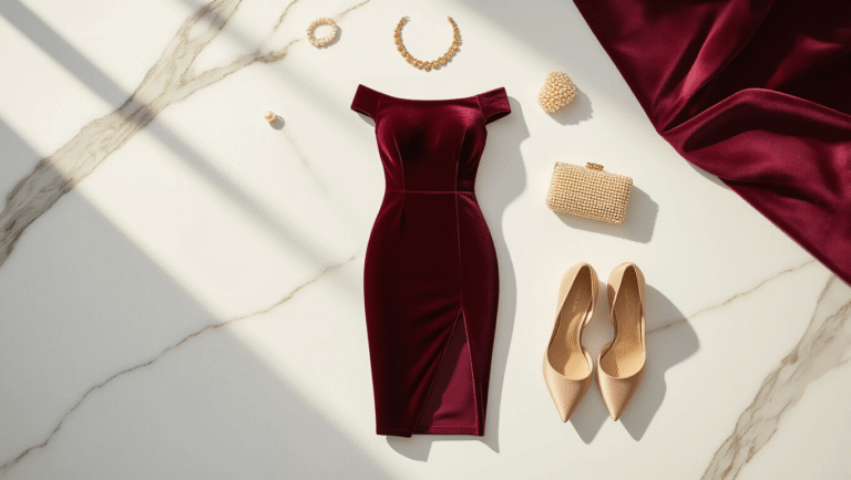How to Style a Velvet Sheath Dress with Slit for Every Occasion Elegant burgundy velvet sheath dress with a side slit, laid flat on white marble, accompanied by gold jewelry, nude satin heels, pearl earrings, and a beaded clutch, all in soft diffused lighting that highlights the dress's rich texture against a minimalist backdrop.