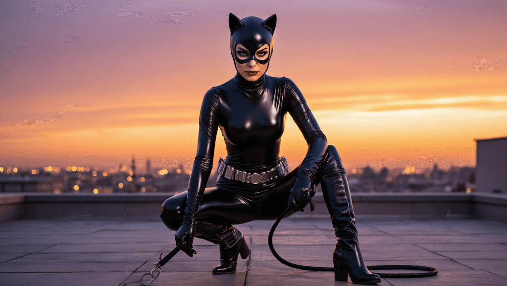 The Complete Guide to Nailing Your Catwoman Cosplay Look A female model in a glossy black catsuit and cat-eared cowl crouches on a rooftop at golden hour, showcasing bold winged eyeliner, thigh-high boots, and a coiled whip, with a vibrant orange-purple sky and city lights below, embodying feline strength in a striking superhero cosplay.
