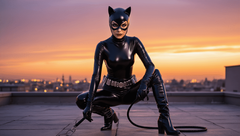 The Complete Guide to Nailing Your Catwoman Cosplay Look A female model in a glossy black catsuit and cat-eared cowl crouches on a rooftop at golden hour, showcasing bold winged eyeliner, thigh-high boots, and a coiled whip, with a vibrant orange-purple sky and city lights below, embodying feline strength in a striking superhero cosplay.