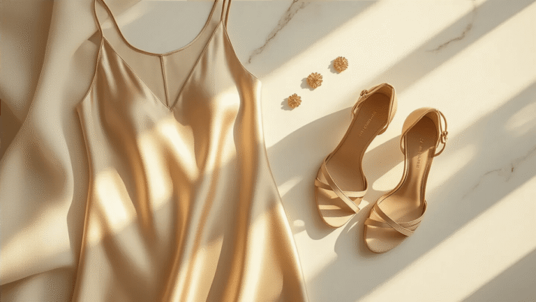 How to Style a Silk Slip Dress with Strappy Heels for Any Occasion Elegant flat lay featuring a champagne silk slip dress draped on white linen alongside delicate tan strappy heels, accented by minimalist gold jewelry, all set against a clean marble surface with warm golden hour lighting.