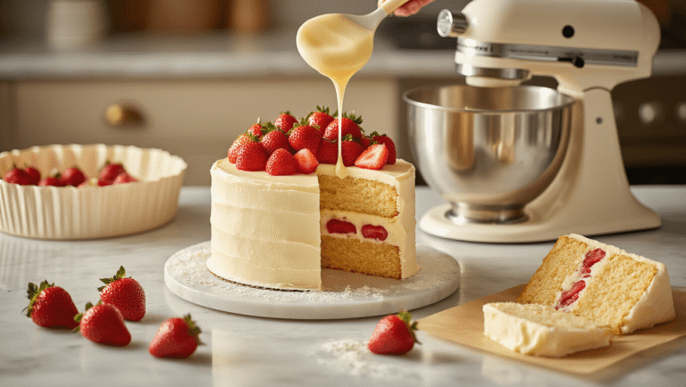 Champagne Strawberry Cake: An Elegant Celebration Dessert A beautifully styled champagne strawberry cake assembly scene on a marble countertop, featuring warm cinematic lighting, creamy butter mixture, fresh strawberries, a champagne bottle, and elegant layers adorned with ivory white chocolate ganache, complemented by edible gold leaf and a mint garnish.