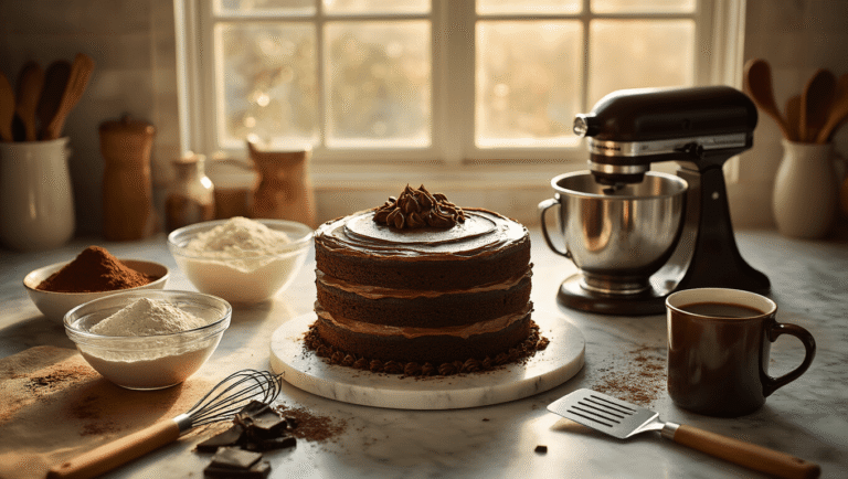 Decadent Chocolate Fudge Layer Cake: The Ultimate Showstopper Dessert Cinematic overhead shot of decadent chocolate fudge layer cake preparation with cocoa, flour, whisked eggs, and steaming coffee on warm marble countertop, featuring warm amber tones and cozy kitchen ambiance.