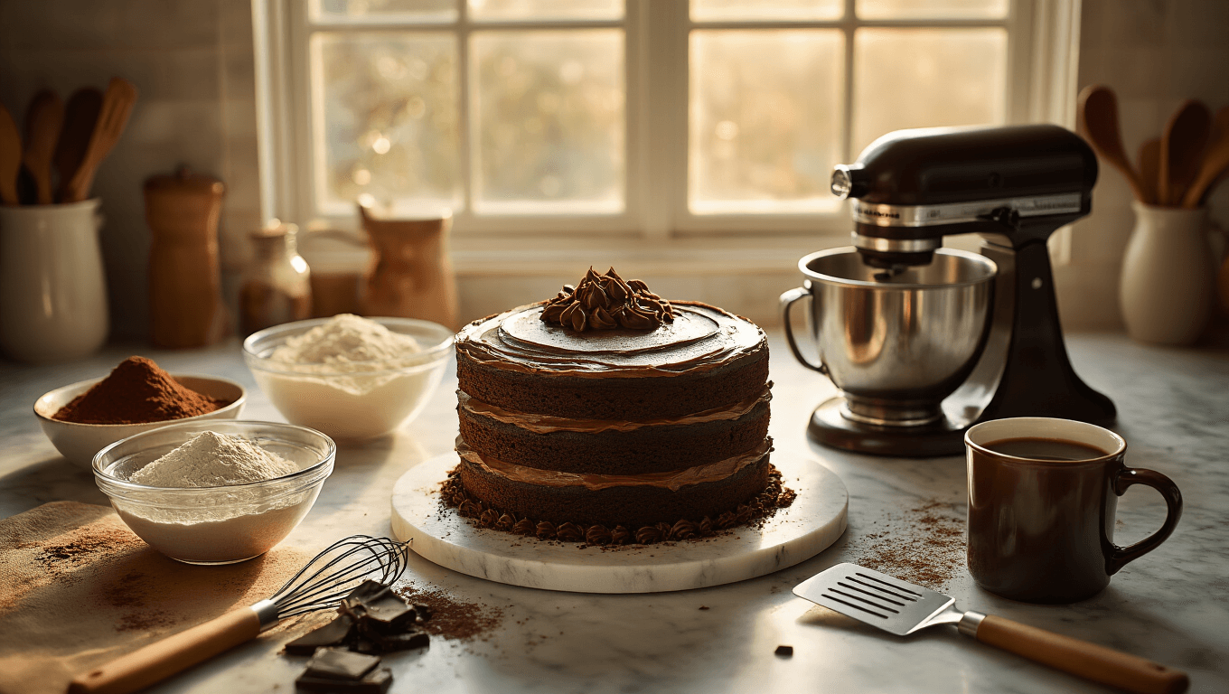 Cinematic overhead shot of decadent chocolate fudge layer cake preparation with cocoa, flour, whisked eggs, and steaming coffee on warm marble countertop, featuring warm amber tones and cozy kitchen ambiance.