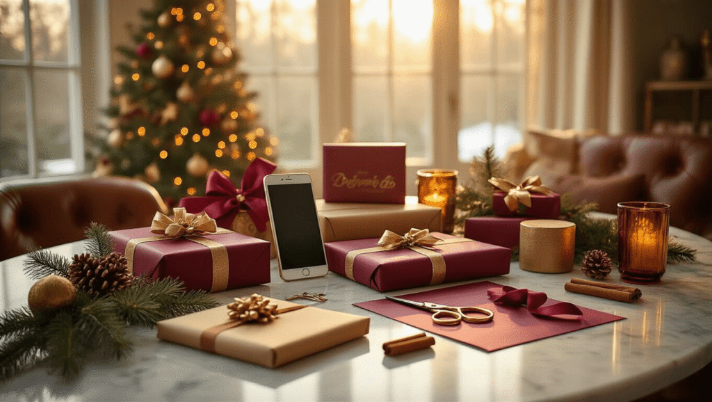 Thoughtful Christmas Gifts for Your Boyfriend: The Ultimate Guide to Winning His Heart in 2025 Cinematic shot of a cozy Christmas gift wrapping station on a marble table, featuring curated boyfriend gifts wrapped in burgundy and gold paper, complemented by vintage scissors, silk ribbons, and festive decor, all illuminated by warm morning light.