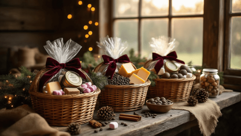 21 Creative Christmas Basket Gift Ideas: The Ultimate Guide to Festive, Thoughtful Presents Cinematic view of elegant Christmas gift baskets filled with gourmet treats on a rustic barn wood surface, illuminated by golden hour lighting, featuring artisan cocoa, gourmet coffee, cheeses, chocolate truffles, marshmallows, and adorned with velvet ribbons, fairy lights, and natural accents.