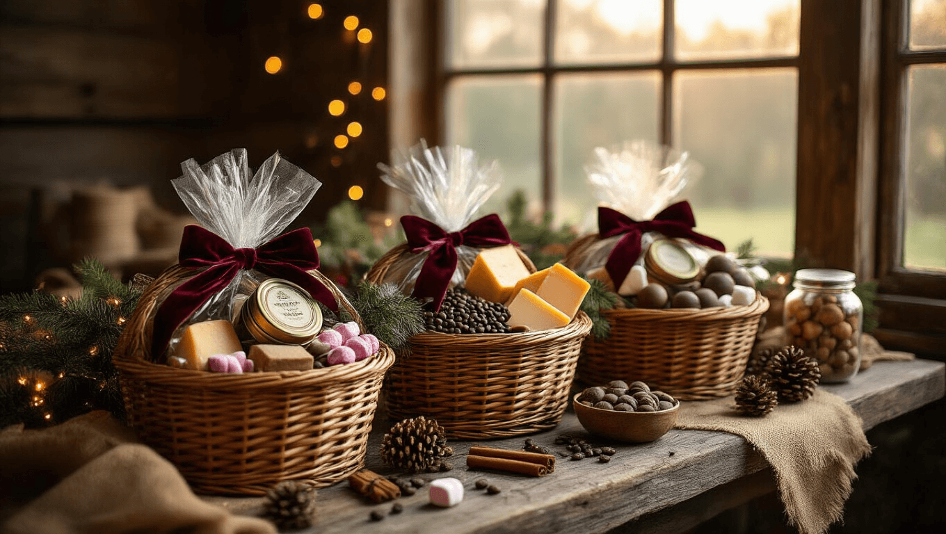 Cinematic view of elegant Christmas gift baskets filled with gourmet treats on a rustic barn wood surface, illuminated by golden hour lighting, featuring artisan cocoa, gourmet coffee, cheeses, chocolate truffles, marshmallows, and adorned with velvet ribbons, fairy lights, and natural accents.
