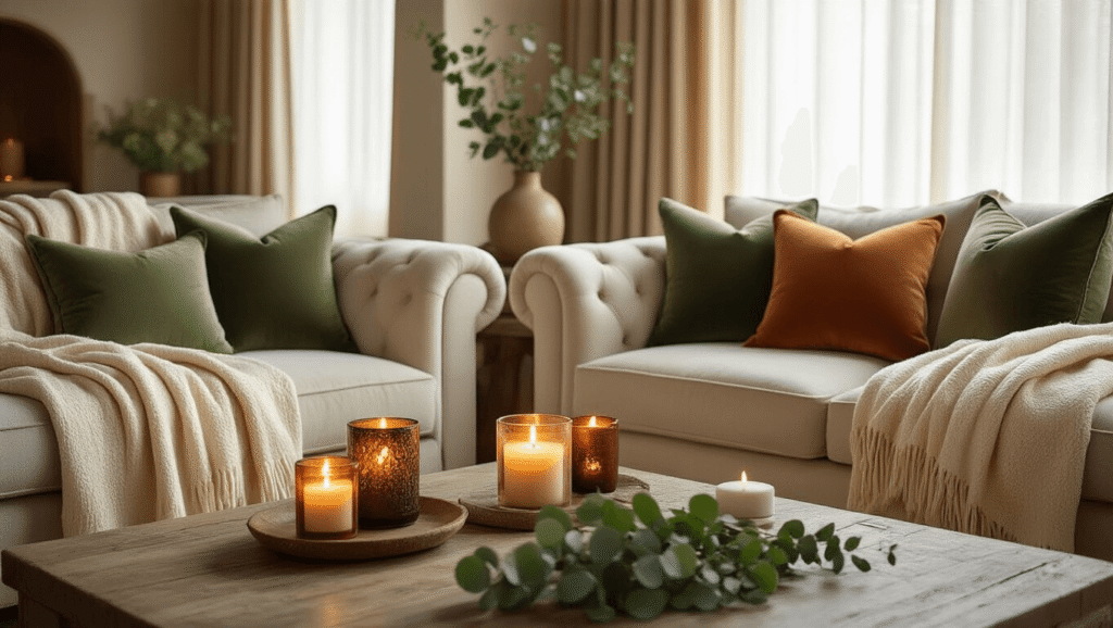 Ultimate Gift Guide for Women in 2025: Thoughtful Presents for Every Personality Cozy living room sanctuary with plush seating, throw blankets, scented candles, and decorative pillows, bathed in warm amber light.