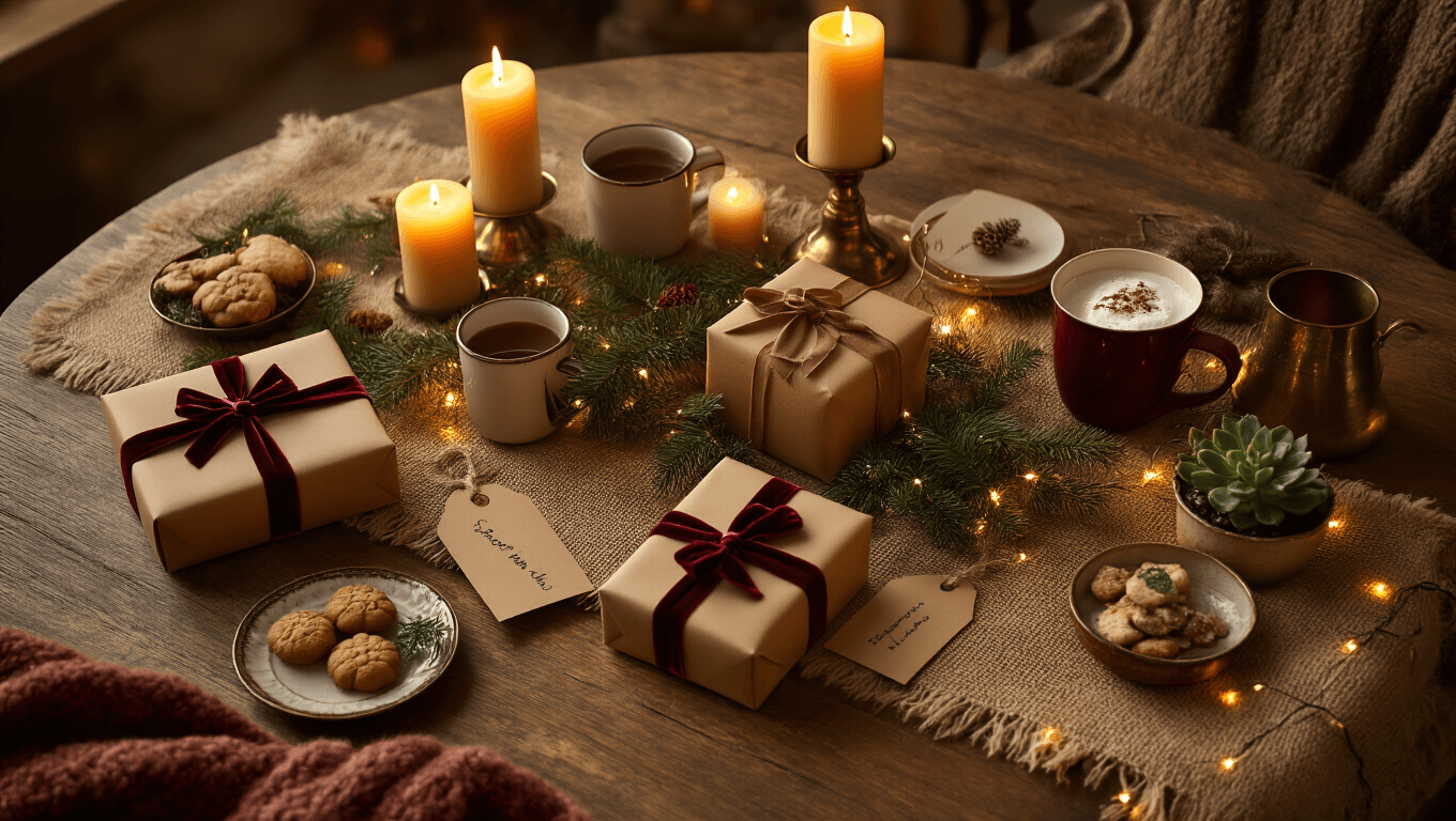 Cinematic overhead view of a cozy Secret Santa gift exchange with wrapped presents, steaming mugs of cocoa, flickering candles, and warm golden hour lighting on a rustic wooden table.