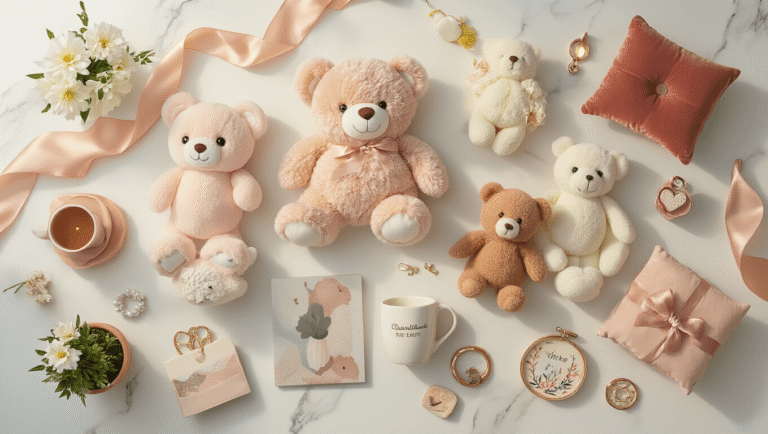 Cute Gift Ideas: The Ultimate Guide to Adorable and Memorable Presents Overhead flatlay of a charming gift display on a white marble surface, featuring plush toys, personalized mugs, engraved jewelry, and more, framed by soft lighting, fresh flowers, and elegant ribbons, creating a cozy and joyful atmosphere.