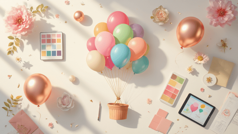 Balloon Illustrations: Your Ultimate Guide to Creative Visual Resources Cinematic overhead shot of a modern designer's workspace with vibrant multicolored balloon vector illustrations on a white desk, surrounded by design tools, pastel color swatches, and floating rose gold and cream helium balloons, illuminated by warm golden hour lighting.