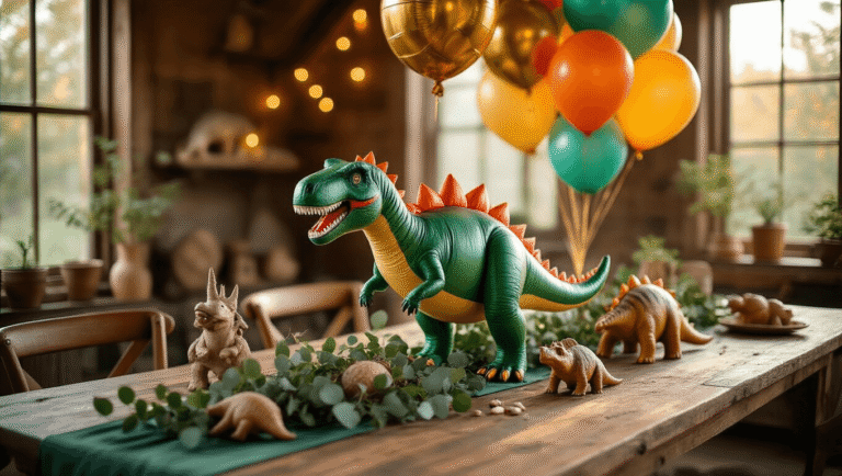 Roaring Fun: The Ultimate Guide to Dinosaur Balloons for Epic Parties Whimsical dinosaur balloon centerpiece on a rustic wooden table adorned with vibrant T-Rex and Triceratops balloons, metallic foil dinosaurs, eucalyptus garlands, and ceramic figurines, illuminated by warm golden hour light, creating a magical prehistoric party atmosphere.