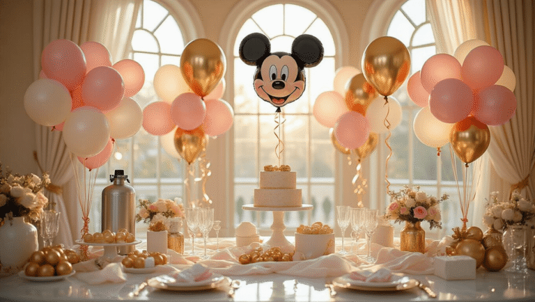 Disney Balloons: The Ultimate Guide to Magical Party Decor Elegant party setup featuring colorful Disney character and Mickey Mouse foil balloons on marble surfaces, with shimmering gold and blush pink latex balloons, crystal glassware reflecting soft light, and silk ribbons cascading from balloon bouquets, creating a warm, inviting atmosphere.