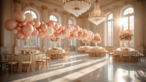 Stunning Birthday Balloon Decorations: A Complete Guide to Magical Celebrations A luxurious marble ballroom adorned with a blush pink, ivory, and champagne metallic balloon garland, crystal chandeliers, silk table linens, and elevated centerpieces, illuminated by golden hour sunlight creating warm shadows on polished floors, evoking an intimate yet grand celebration atmosphere with rich textures and soft bokeh lighting effects.