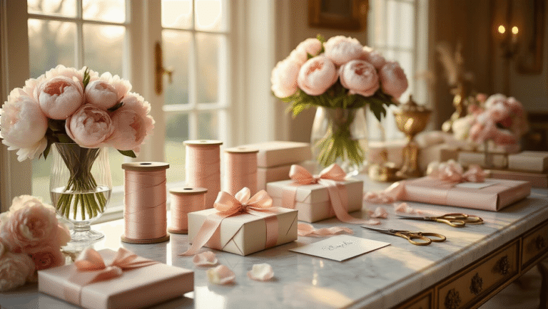 Ultimate Gift Guide 2025: Trending Presents for Every Personality Elegant ballroom gift wrapping station with marble countertops, silk ribbons, luxury wrapped presents, peonies, and warm golden hour light.