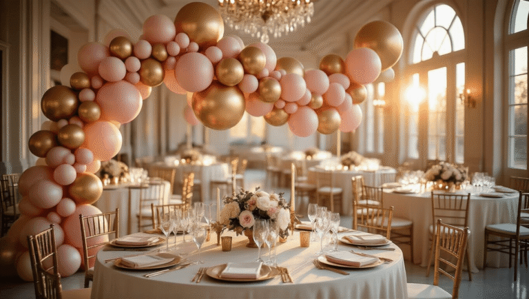 15 Balloons: The Ultimate Guide for Unforgettable Celebrations Cinematic view of an elegant ballroom at golden hour, featuring a balloon garland of metallic gold and blush pink balloons, ivory-draped tables, crystal glassware, white floral centerpieces with eucalyptus, brass candlesticks, and polished marble floors, all illuminated by soft sunlight.