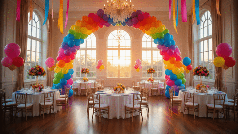 Colorful Balloons: The Ultimate Party Decor Secret Weapon Cinematic wide-angle view of an elegant ballroom adorned with a rainbow balloon arch, pastel table centerpieces, vibrant streamers, and warm natural light, creating a festive atmosphere during golden hour.