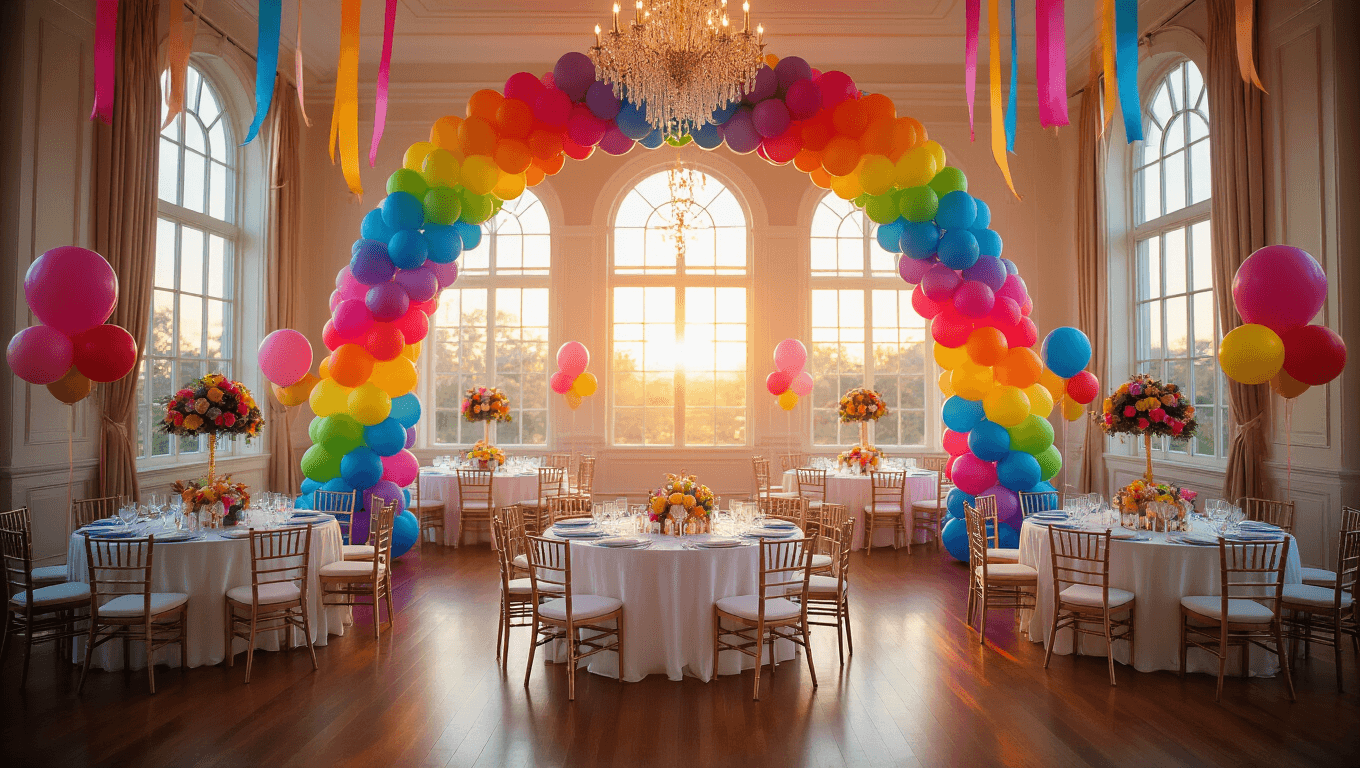 Cinematic wide-angle view of an elegant ballroom adorned with a rainbow balloon arch, pastel table centerpieces, vibrant streamers, and warm natural light, creating a festive atmosphere during golden hour.