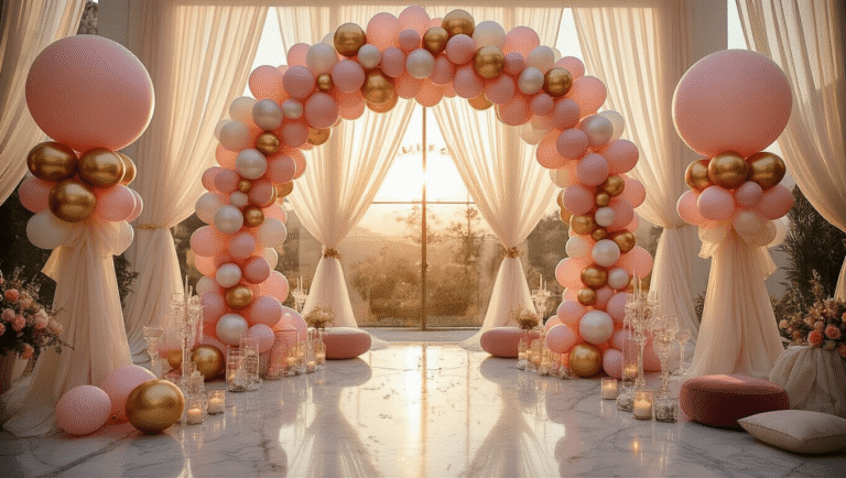 Ultimate Guide to Birthday Helium Balloons: Everything You Need to Know Elegant birthday party setup with helium balloon bouquets in blush pink, gold, and silver, marble surfaces, silk linens, crystal centerpieces, and warm candlelight, creating a festive atmosphere during golden hour.