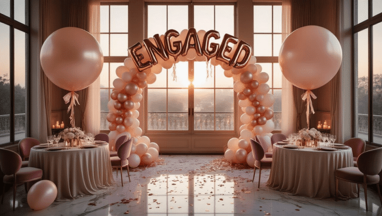 Engagement Party Balloons: The Ultimate Guide to Celebrating Your Love Story Elegantly decorated engagement party with rose gold, blush pink, and cream balloon arch, luxurious round tables, metallic "ENGAGED" balloons, soft candlelit ambiance, and fairy lights.